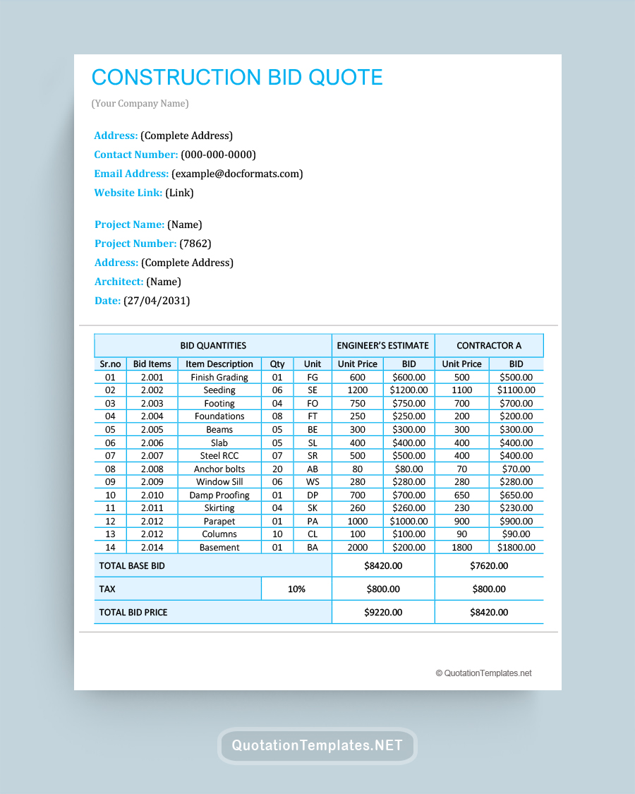 Construction Bid Quote Template Sky Blue - Word
