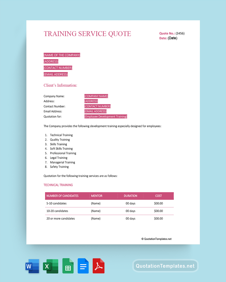 Training Service Quote Template - Pink