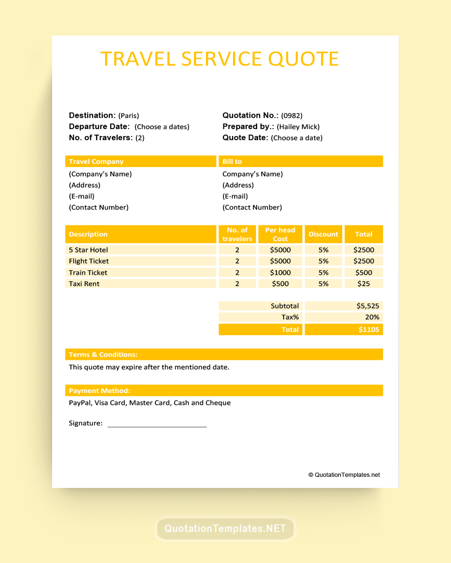 Travel Service Quote Template - Yellow