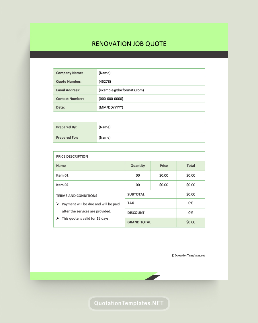 Renovation Job Quote Template - Green - Word