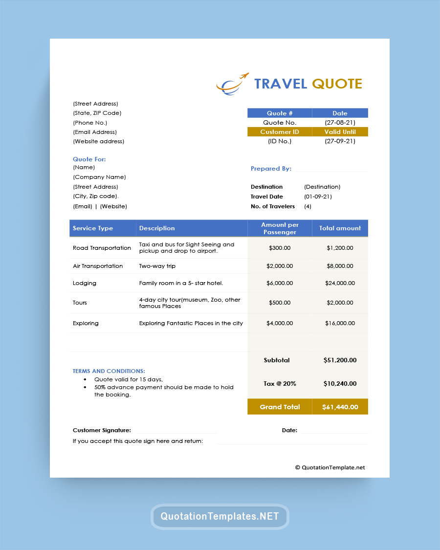Travel Quote Template GLD 220919 Quote Templates