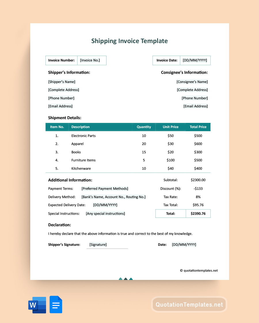 Shipping Invoice Template - Word, Google Docs