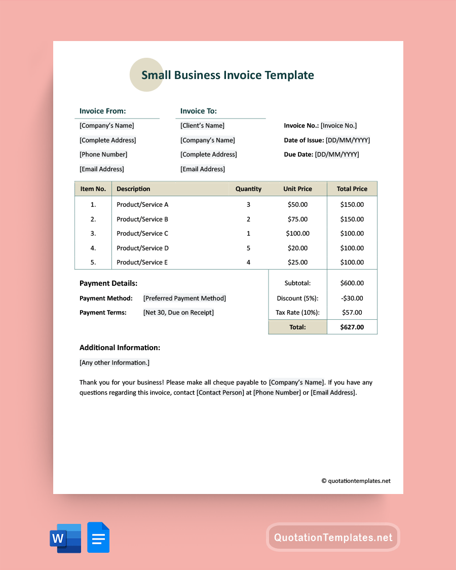 Small Business Invoice Template - Word, Google Docs