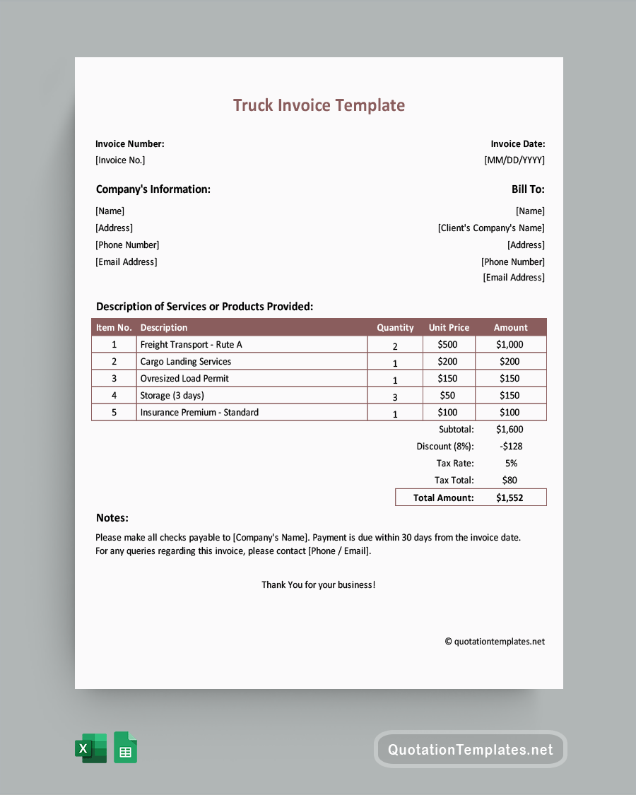 Truck Invoice Template - Excel, Google Sheets