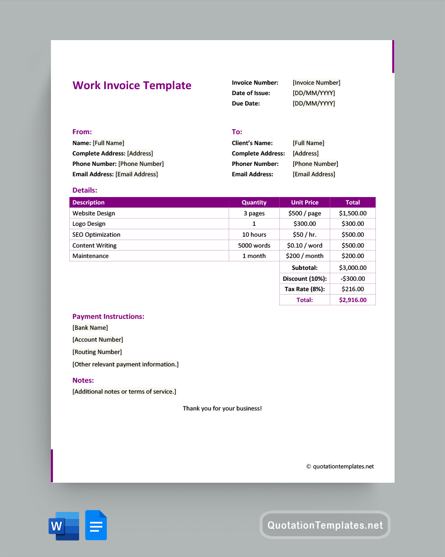Work Invoice Template - Word, Google Docs
