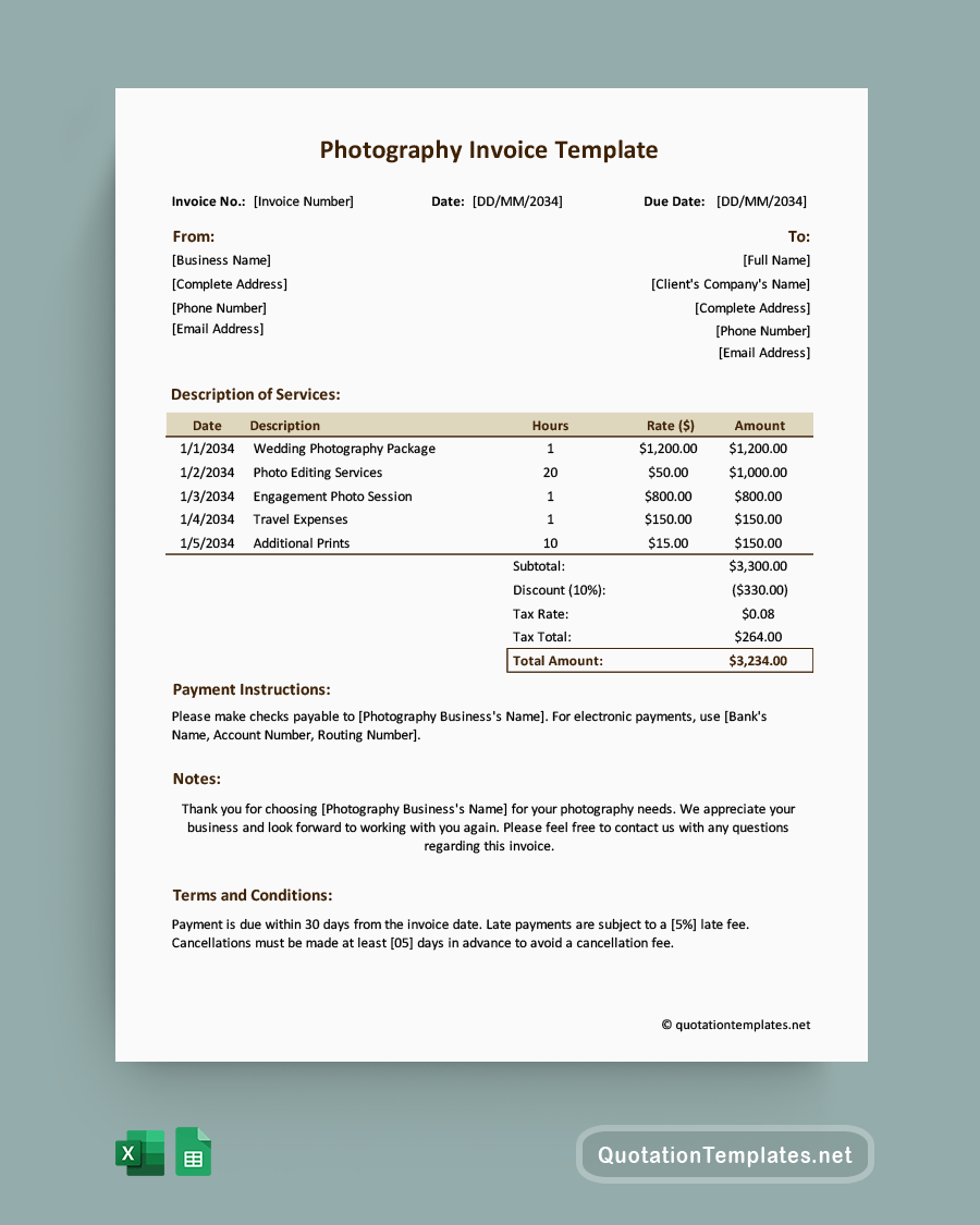 Photography Invoice Template - Excel, Google Sheets