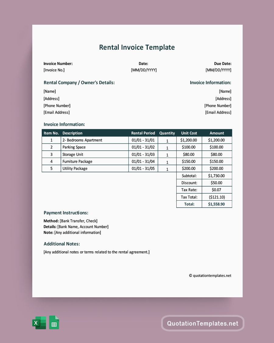 Rental Invoice Template - Excel, Google Sheets